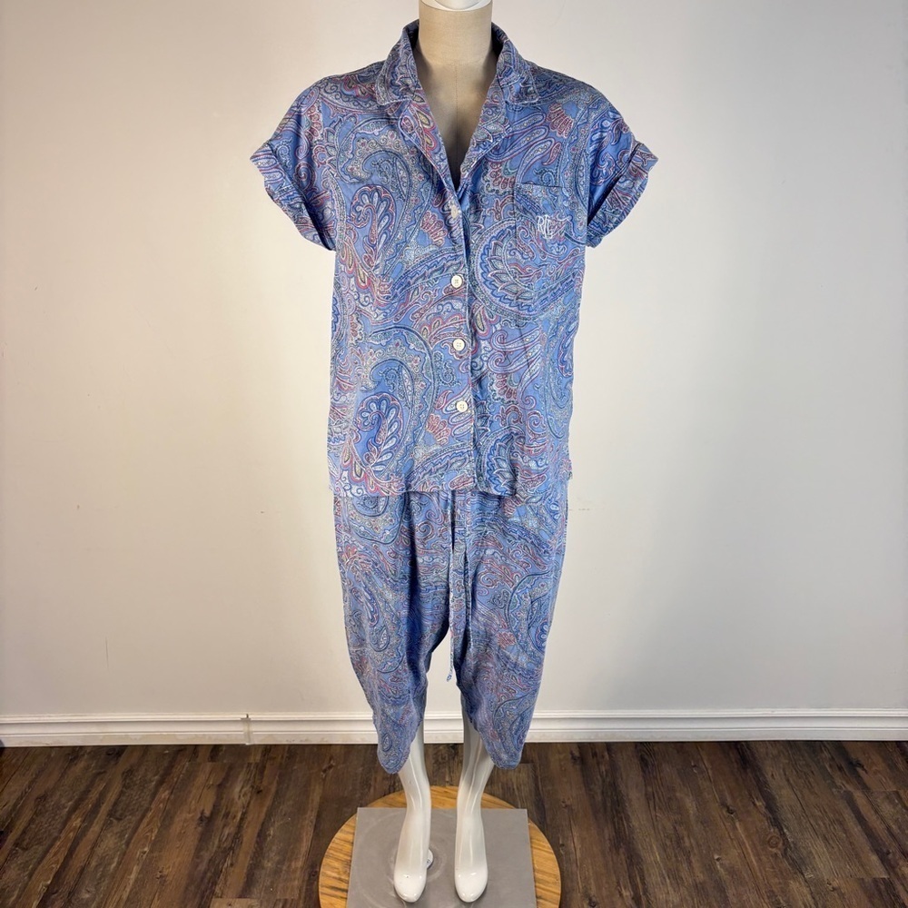 β€οΈ Lauren Ralph Lauren Womanβs Blue Paisley Top Capri Pajama Set L